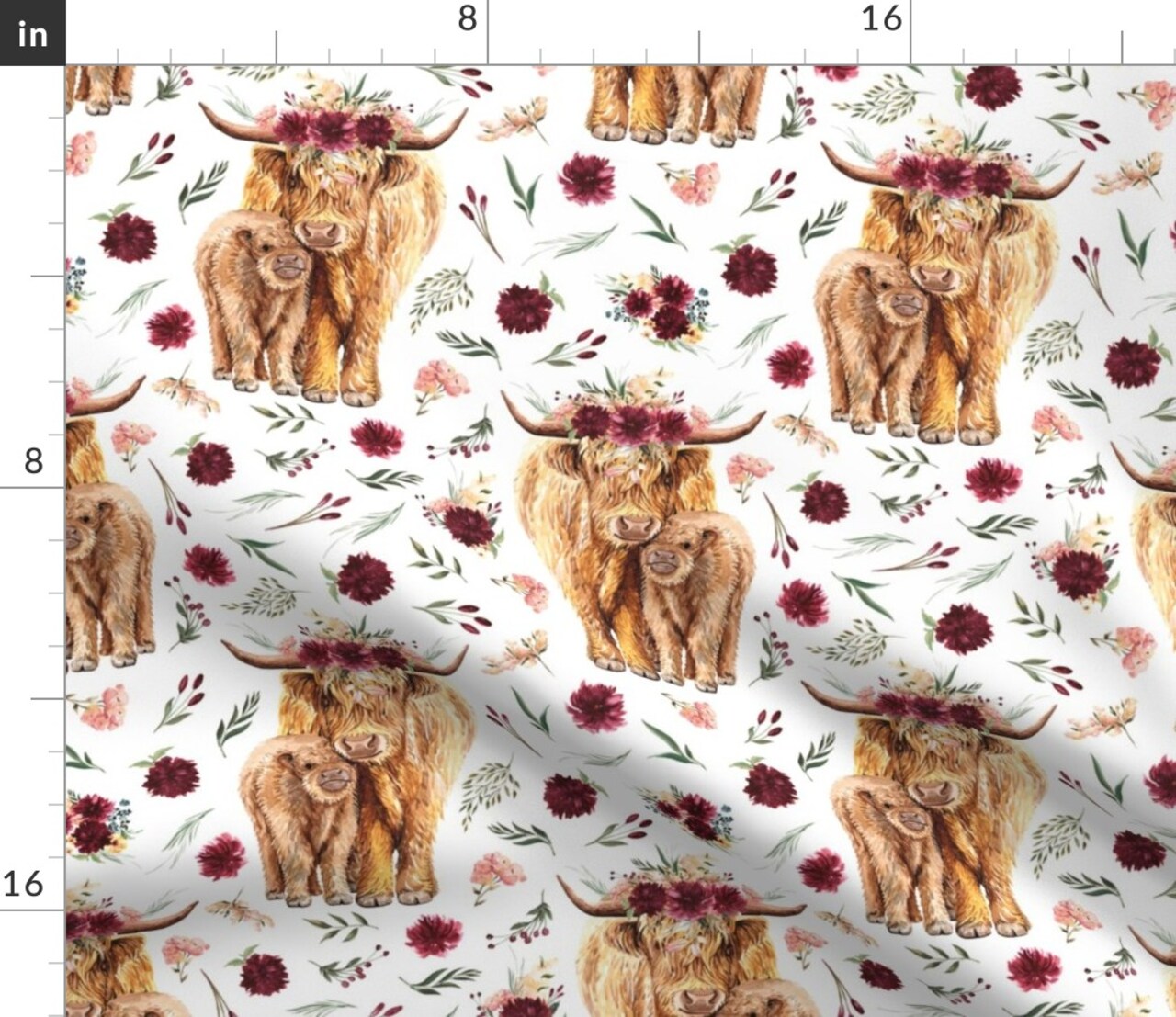 Maroon Floral Highland Cow Pink Cows Scottish Custom Printed Fabric by Spoonflower Various Fabrics by the Yard or Fat Quarter